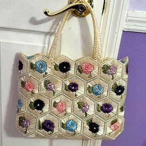 Off White Colorful Floral Boho Granny Squares Vintage Straw Tote Bag